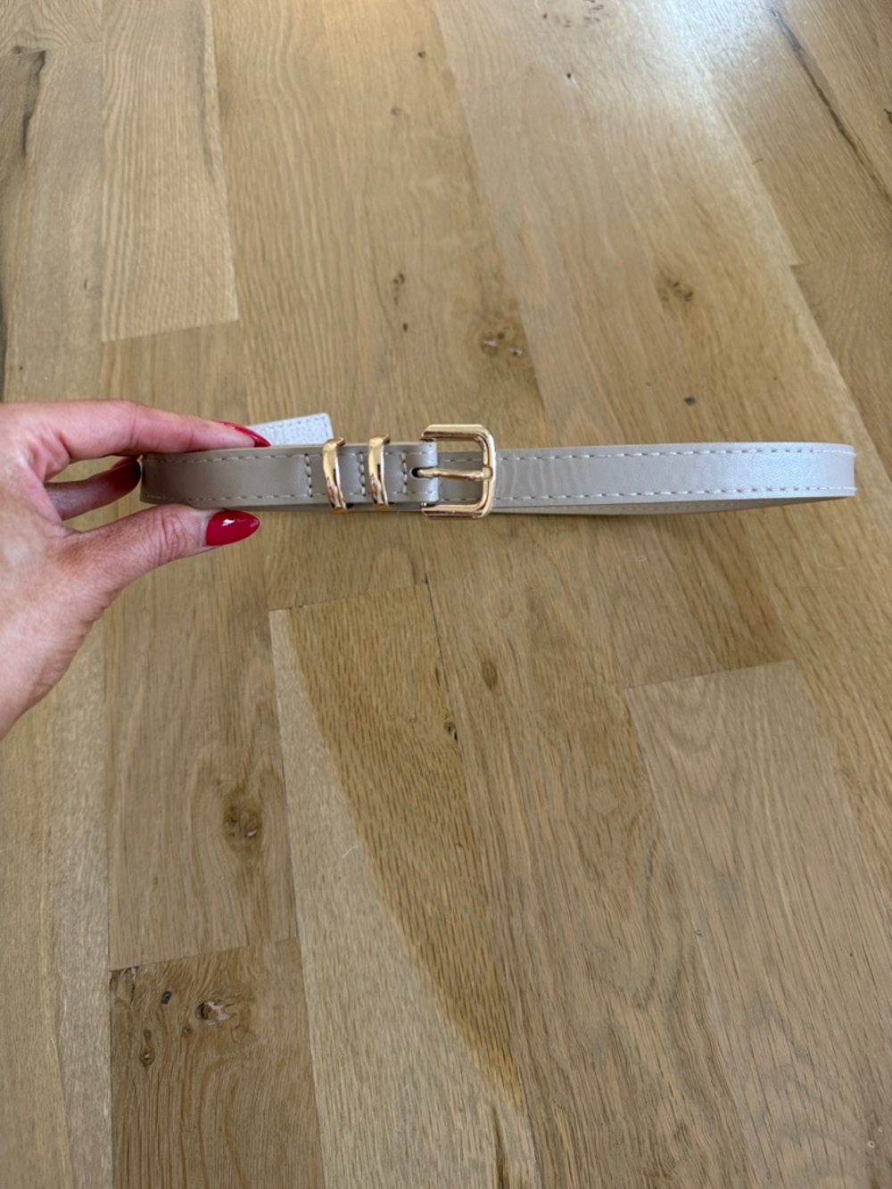 Slim Taupe Leather-Look Belt with Gold Buckle